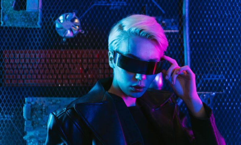 A stylish woman in a futuristic setting with cyberpunk aesthetics and neon lighting.