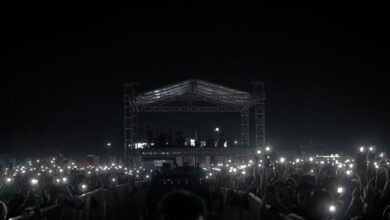 A captivating night concert with a crowd holding phone lights, creating a starry ambiance.