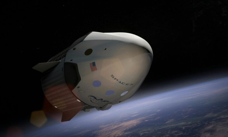 A SpaceX Dragon spacecraft orbiting Earth, captured in vivid detail against space.