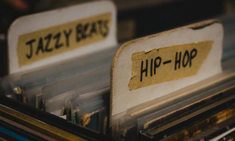 Vinyl records categorized under 'Jazzy Beats' and 'Hip-Hop' in a vintage collection.