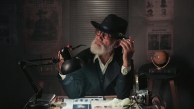 Vintage-styled detective scene with a man in a hat examining papers under a lamp.