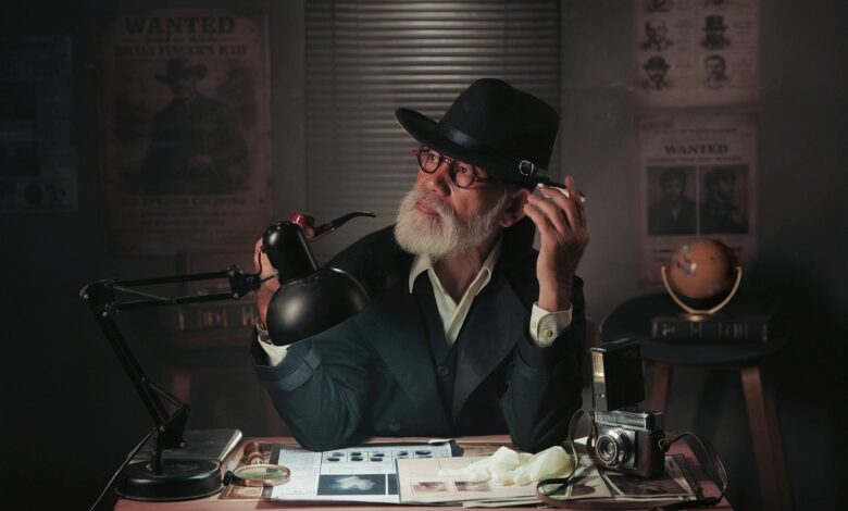 Vintage-styled detective scene with a man in a hat examining papers under a lamp.