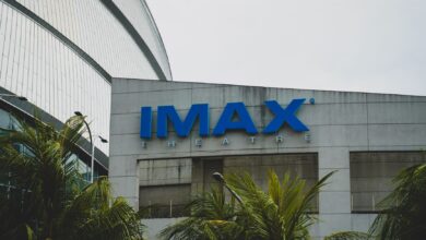 Exterior view of IMAX Theatre in Pasay City, Philippines with palm trees.