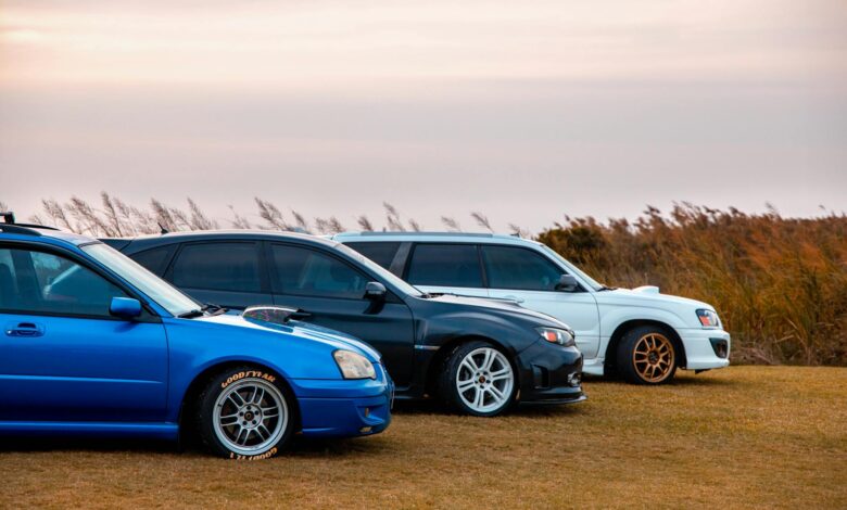 Three sporty cars parked on grass in a lineup during sunset.