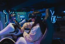 Young woman immersed in a virtual reality racing game in a futuristic setting.