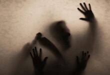 Shadowy figure holding a scythe behind fabric, creating an eerie and mysterious atmosphere.