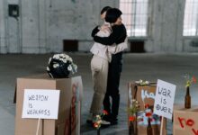 A touching moment during a peaceful protest emphasizes unity and nonviolence.