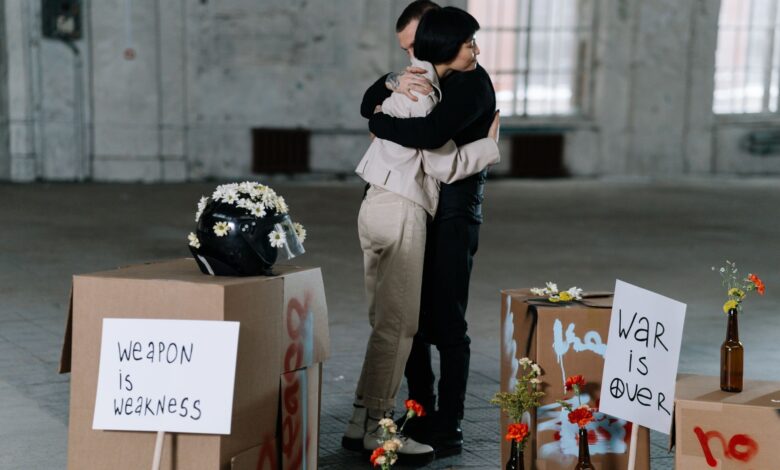 A touching moment during a peaceful protest emphasizes unity and nonviolence.