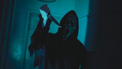 Dark, eerie scene with a masked figure holding a knife, evoking horror film vibes.