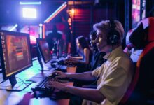 Gamers engaged in a competitive session, equipped with headsets and monitors in an immersive setup.