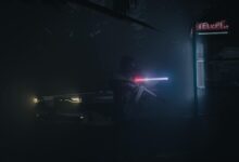Dark scene of a mysterious figure with a weapon near a glowing car and a telephone booth.