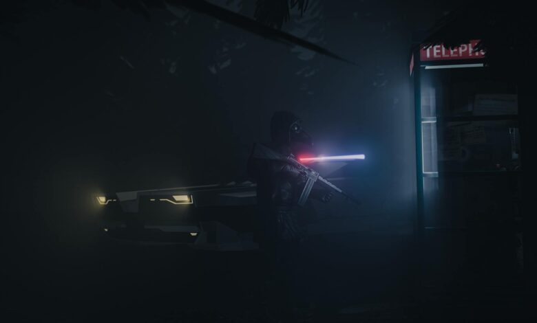 Dark scene of a mysterious figure with a weapon near a glowing car and a telephone booth.