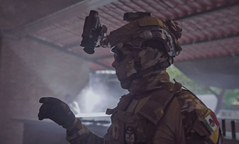 Profile of a soldier in tactical gear indoors, emphasizing readiness and security.