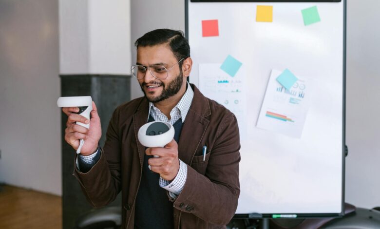 A business professional demonstrating virtual reality controllers during a presentation.