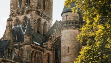 Stunning close-up of historic Scottish architecture in warm sunlight showcasing Neo-Gothic design.