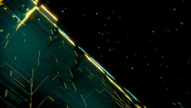 A digital abstract scene with neon lights and futuristic elements in space.