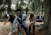 Zombies wandering in a forest, creating a spooky Halloween scene.