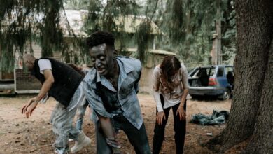 Zombies wandering in a forest, creating a spooky Halloween scene.