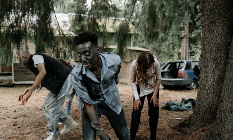Zombies wandering in a forest, creating a spooky Halloween scene.