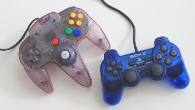 Two translucent gaming controllers, Sony PlayStation and Nintendo, on a white surface.