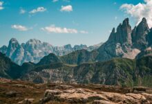 Captivating view of the rugged Dolomite peaks against a vibrant blue sky, perfect for nature lovers.