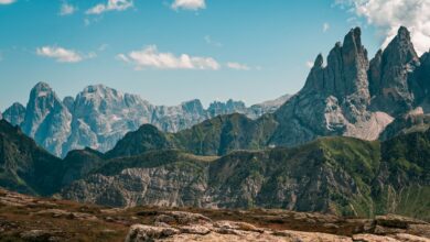 Captivating view of the rugged Dolomite peaks against a vibrant blue sky, perfect for nature lovers.