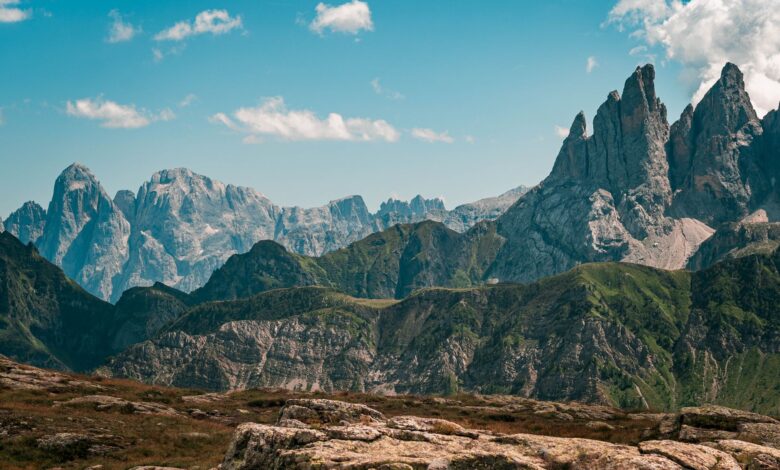 Captivating view of the rugged Dolomite peaks against a vibrant blue sky, perfect for nature lovers.