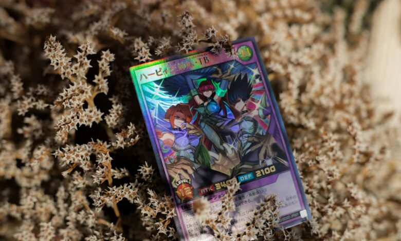 Vibrant trading card featuring anime artwork, placed on dried foliage. Perfect for collectors and hobbyists.
