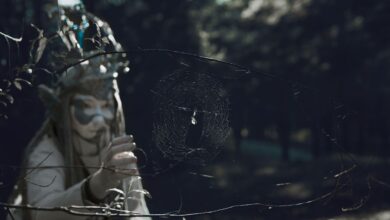 Enchanting forest scene with a masked figure interacting with a spider web.