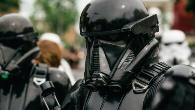Detailed shot of a person in a Star Wars stormtrooper costume at a cosplay event.