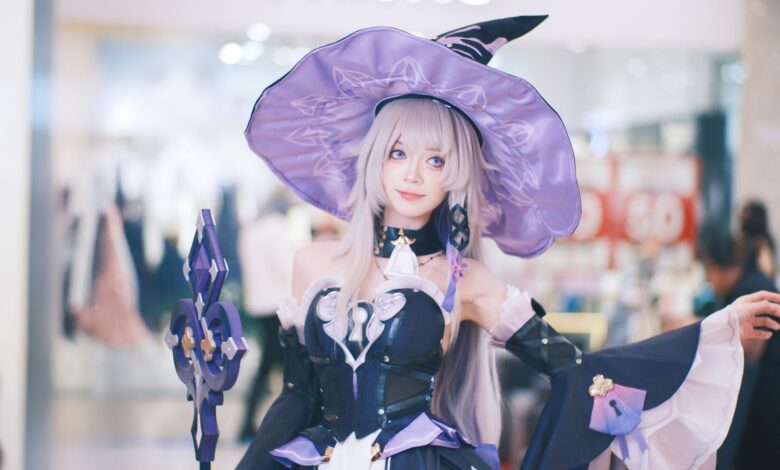 A captivating fantasy-themed cosplay of a witch inside a shopping mall.