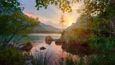 Peaceful mountain lake view with vibrant sunset and serene nature reflection.