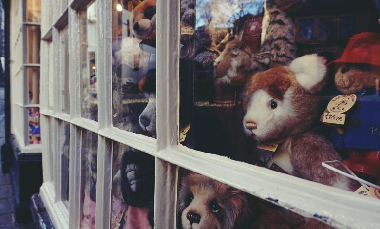 A delightful showcase of plush toys in a Norwich store window, capturing the essence of whimsy.