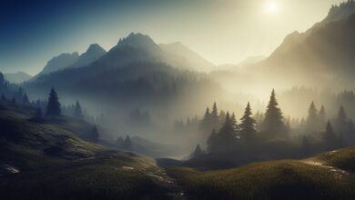 A breathtaking view of misty mountains and pine forests at sunrise.