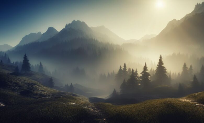A breathtaking view of misty mountains and pine forests at sunrise.