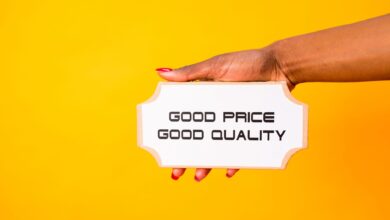 A hand holding a sign with 'Good Price Good Quality' against a vibrant yellow background.
