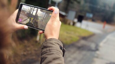 Woman capturing outdoor scenery using a smartphone. Close-up of hands holding the device.