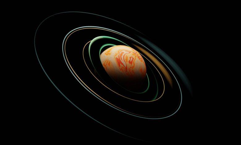 A vibrant abstract planet surrounded by intricate orbits in space.