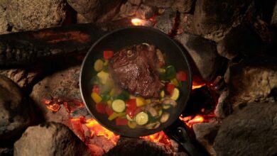Sizzling beef steak with vegetables cooked over a campfire for an outdoor meal experience.