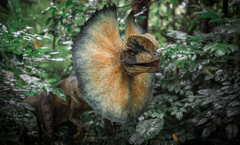 A lifelike depiction of a Dilophosaurus set in a vibrant jungle forest scene, evoking the prehistoric era.