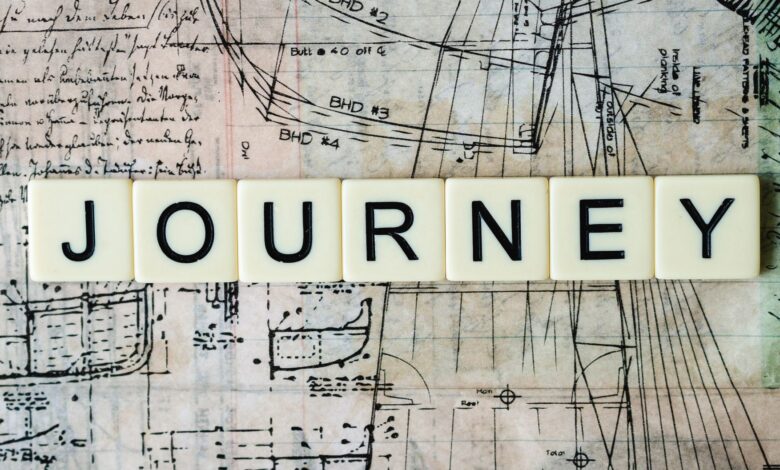 Vintage map background with scrabble tiles spelling 'Journey'. Ideal for travel and adventure themes.
