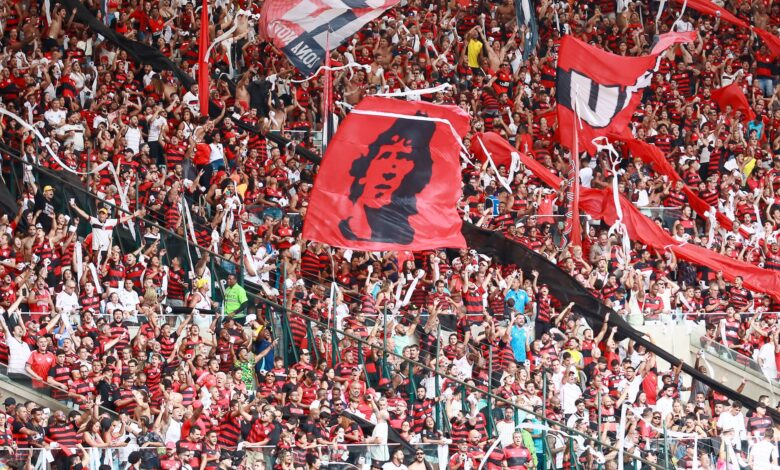 Excited soccer fans in red and black cheer at Maracanã Stadium, Rio de Janeiro.