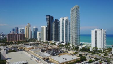 High-rise buildings along the coast of Sunny Isles Beach, Florida on a clear day.