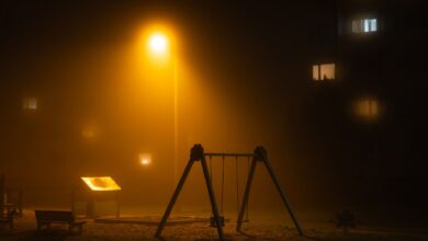 A dimly lit foggy playground under a streetlight at night, creating a mystical atmosphere.