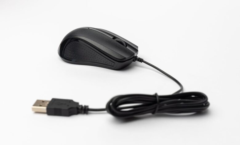 A sleek black wired computer mouse with USB connection on a plain white background.