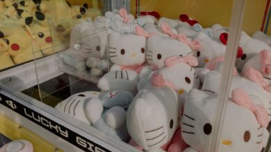 Claw machine featuring plush Hello Kitty and Pikachu toys, ideal for arcade entertainment.