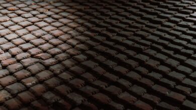 High contrast image of rooftop tiles in shadow, creating a moody textural pattern.