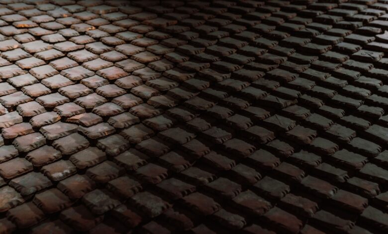 High contrast image of rooftop tiles in shadow, creating a moody textural pattern.
