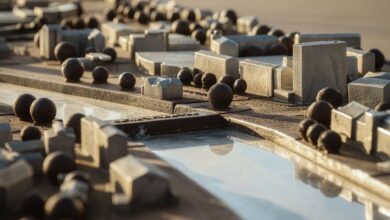 Close-up view of a detailed mini cityscape model depicting architectural structures and urban planning.