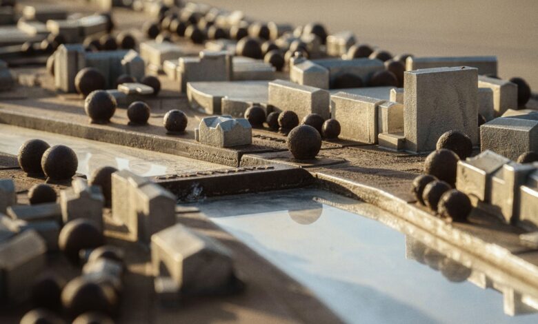 Close-up view of a detailed mini cityscape model depicting architectural structures and urban planning.
